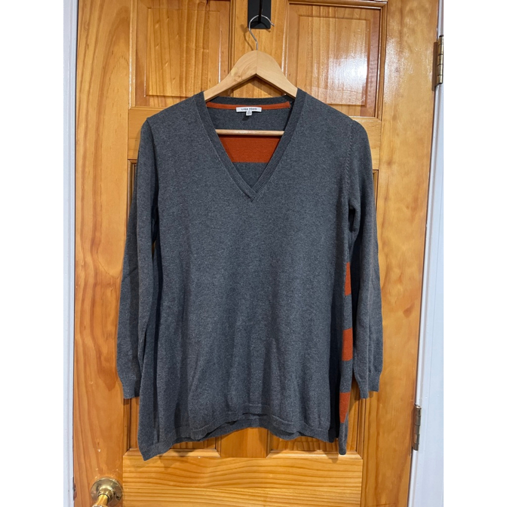 Women’s Lisa Todd Cotton Cashmere Grey Orange Stripe V Neck Pullover Sweater 
Si